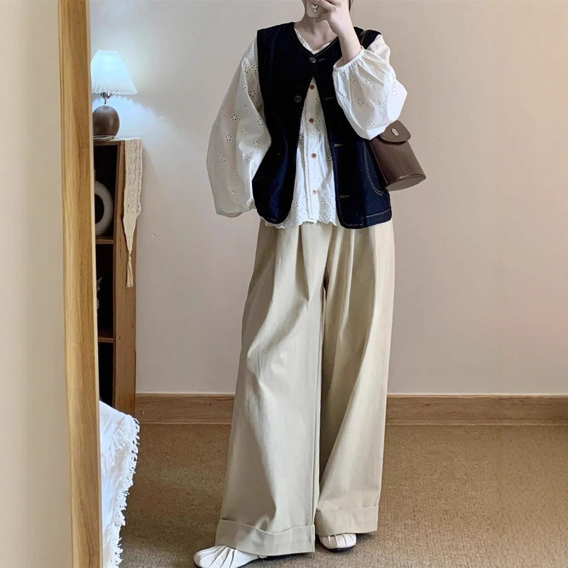 韩版时尚简约复古牛仔开衫马甲女+镂空衬衫+黄色阔腿长裤三件套装|undefined