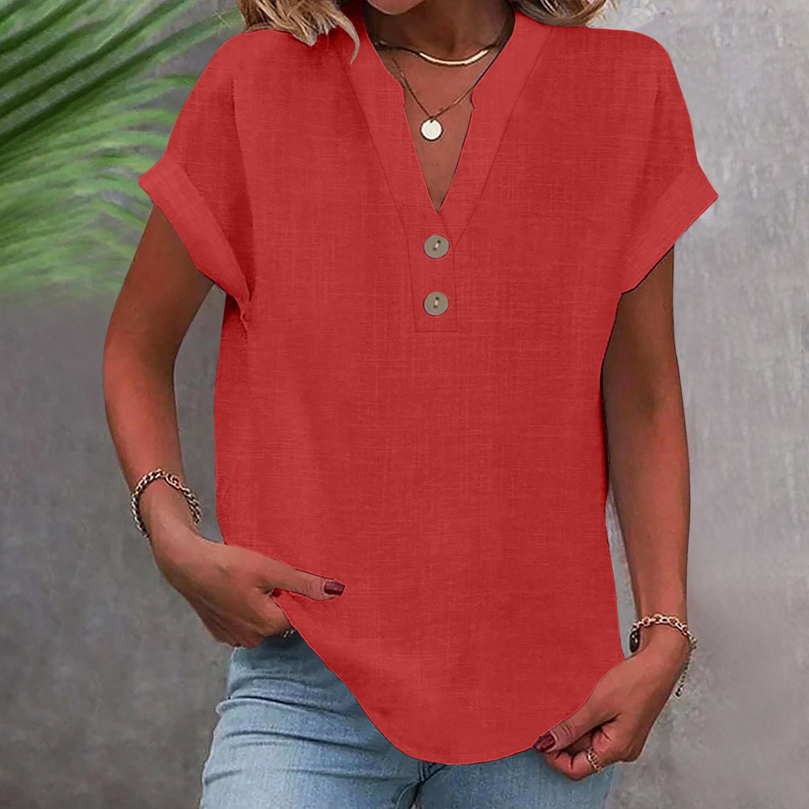 2025 European And American Summer Solid Color Stand Collar Button Short Sleeve Women's Shirt_ecoleips.com