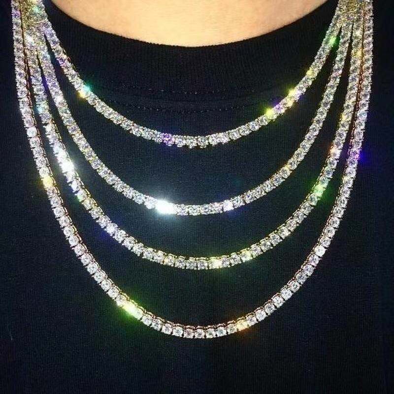 European and American Hip-Hop Rhinestone Necklace, Men's and Women's Hip-Hop, Full Rhinestone Single Row Wish Hot Sale, Fashionable, Exquisite and Accessible Luxury