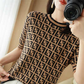 100纯棉短袖t恤女圆领针织衫夏季新款提花双F格子宽松显瘦 抗起球