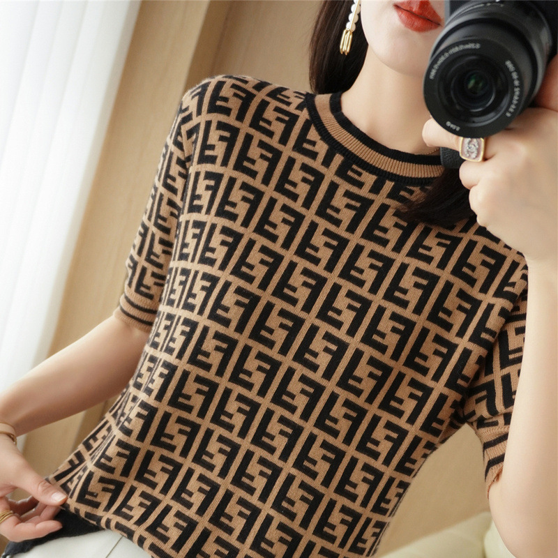 100 cotton short-sleeved T-shirt women's round neck sweater summer new jacquard double F plaid loose slimming anti-Pilling 100 cotton short-sleeved T-shirt women's round neck sweater summer new jacquard double F plaid loose slimming anti-Pilling