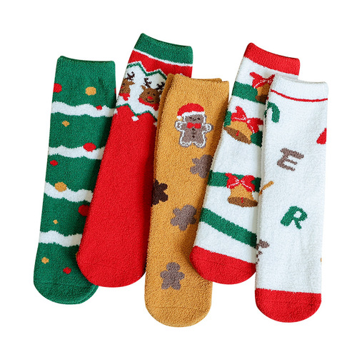 Christmas Socks for Women Winter Coral Fleece Mid-Calf Socks Red New Year Socks Thick Warm Home Sleep Socks