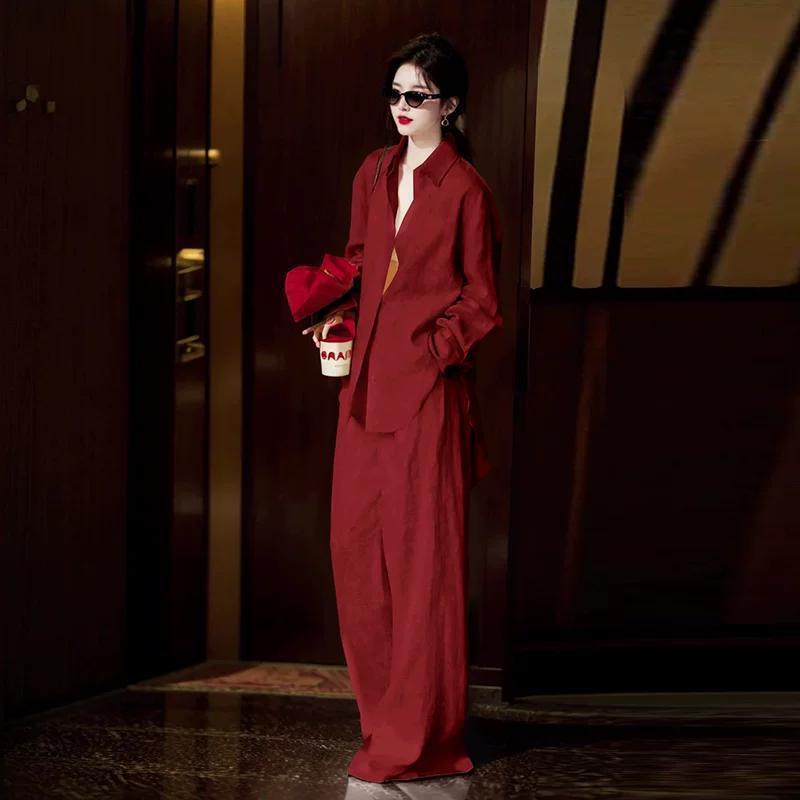 2026 Summer Light Luxury Old Money Style Age-Reducing Red Loose Casual Lazy Shirt and Wide-Leg Pants Two-Piece Set for Women