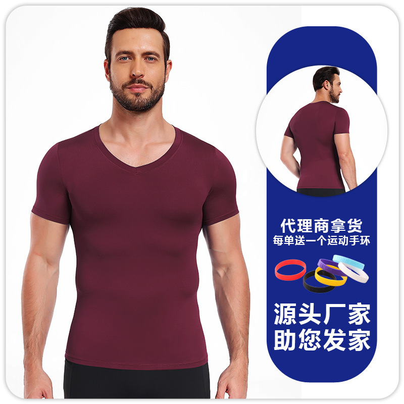 Hombres camiseta de cuello en V ajustado de color sólido de alto elástico camiseta deportiva de base rápida secado transpirable acondicionamiento físico correr baloncesto mangas cortas