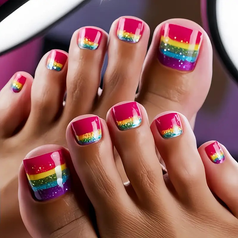 Uñas postizas de uñas de color de verano uñas de pies a rayas parche de uñas de uñas de estilo ins
