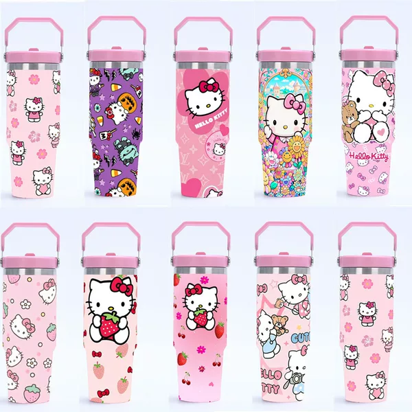 New 30oz Car Cup 304 Stainless Steel Vacuum Insulation and Cold Insulation Handle Cup Cartoon Kt Cat Car Cup Ice Tyrant