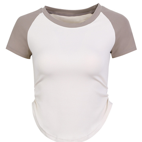 Women's Yoga Clothes Spring and Summer Retro Color Block Breathable Quick Dry Round Neck T-Shirt Slimming Arc Side Body Pleats Arc Hem