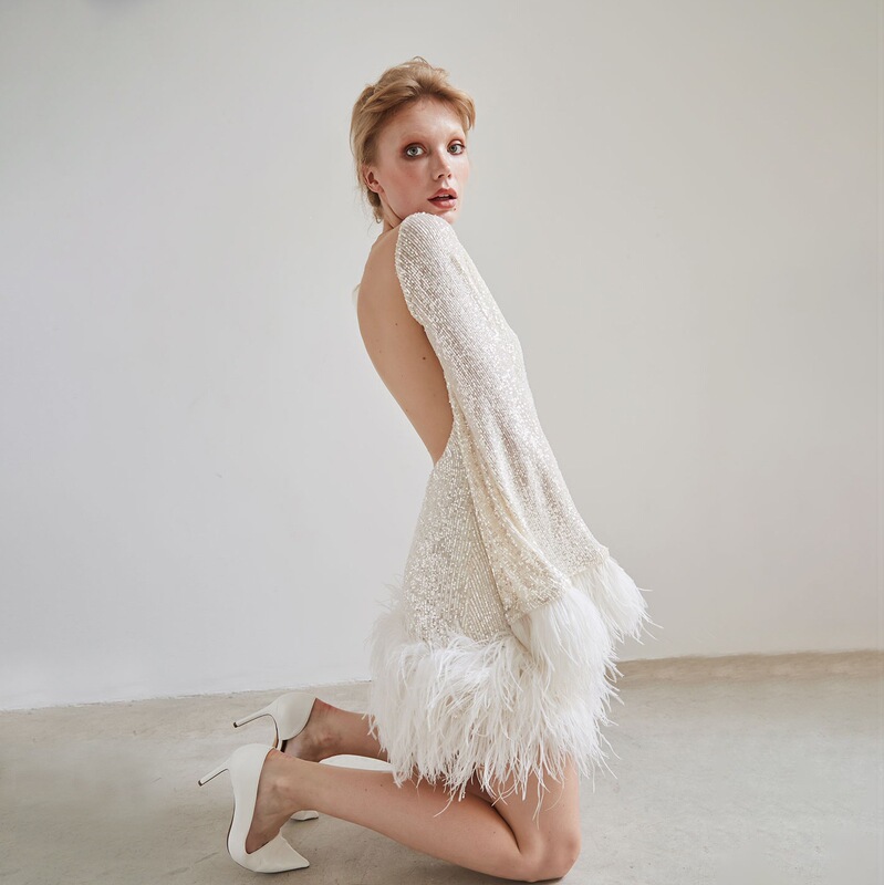 Autumn New European and American Cross-Border Women's Fashion: Waist-Cinching Sexy Short Dress, Backless Long-Sleeve Sequin Feather Dress Autumn New European and American Cross-Border Women's Fashion: Waist-Cinching Sexy Short Dress, Backless Long-Sleeve Sequin Feather Dress