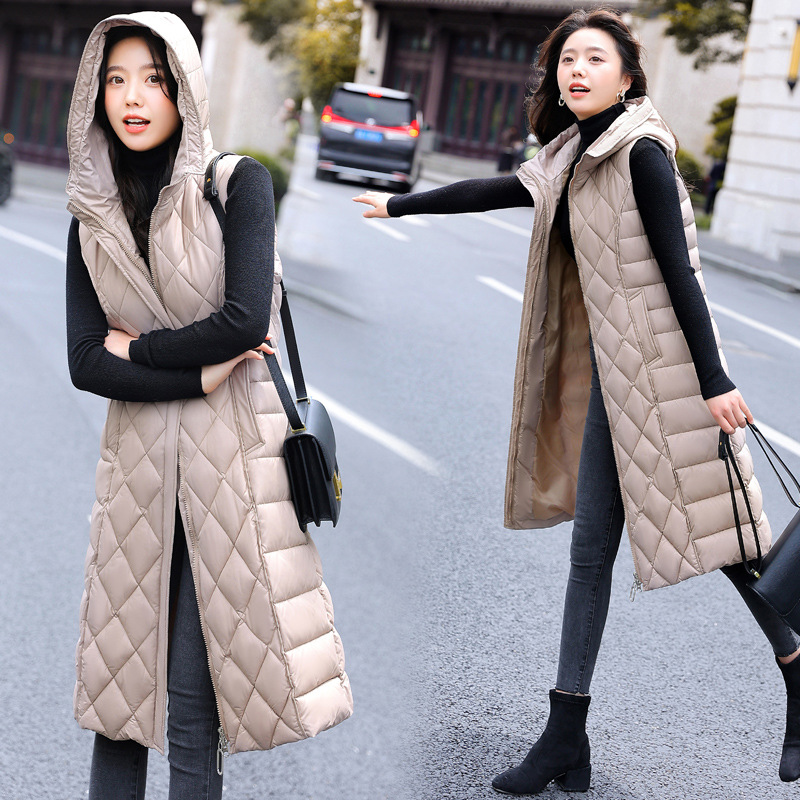 2023 autumn and winter diamond-shaped Plaid waistcoat thickened hooded outer wear vest tight waist mid-length down cotton vest for women