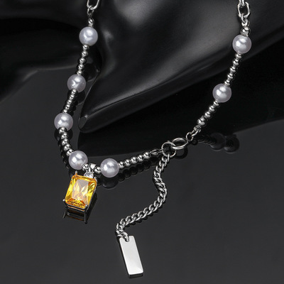 New products Necklace Europe and America Pearl Necklace man Yellow zircon Diamond Hip hop Stainless steel Necklace Jewelry