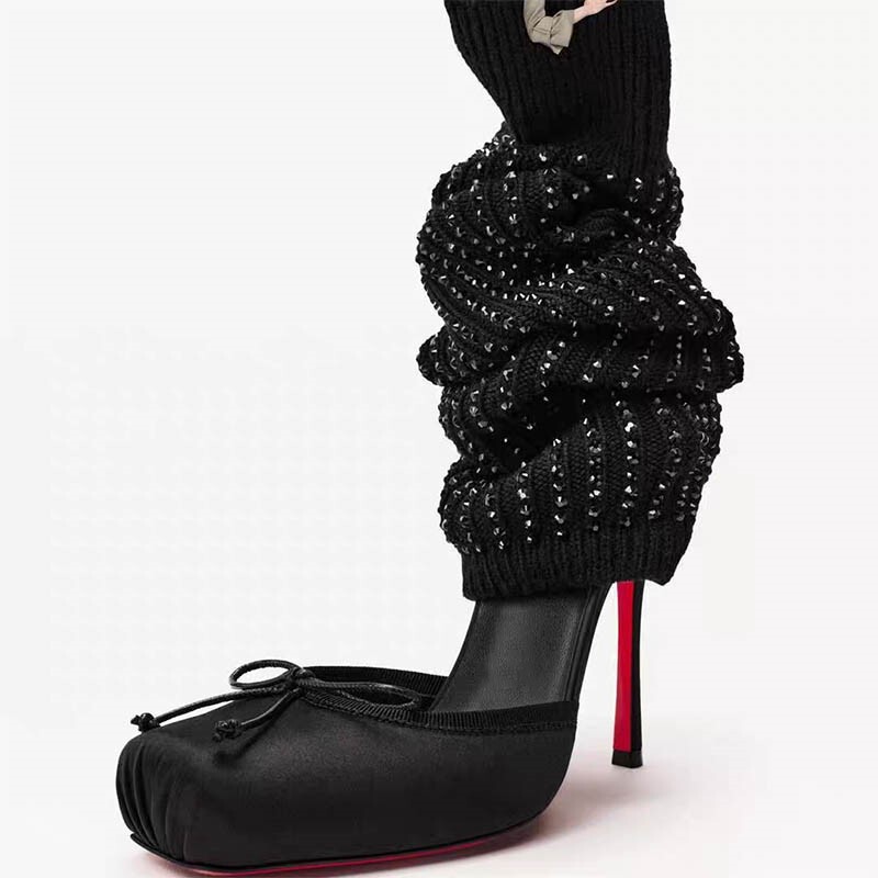 2026 New Foreign Trade Red-Soled European-Style Square-Toe Ballet Long Socks with Rhinestones High Heels for Women with New Bow Design
