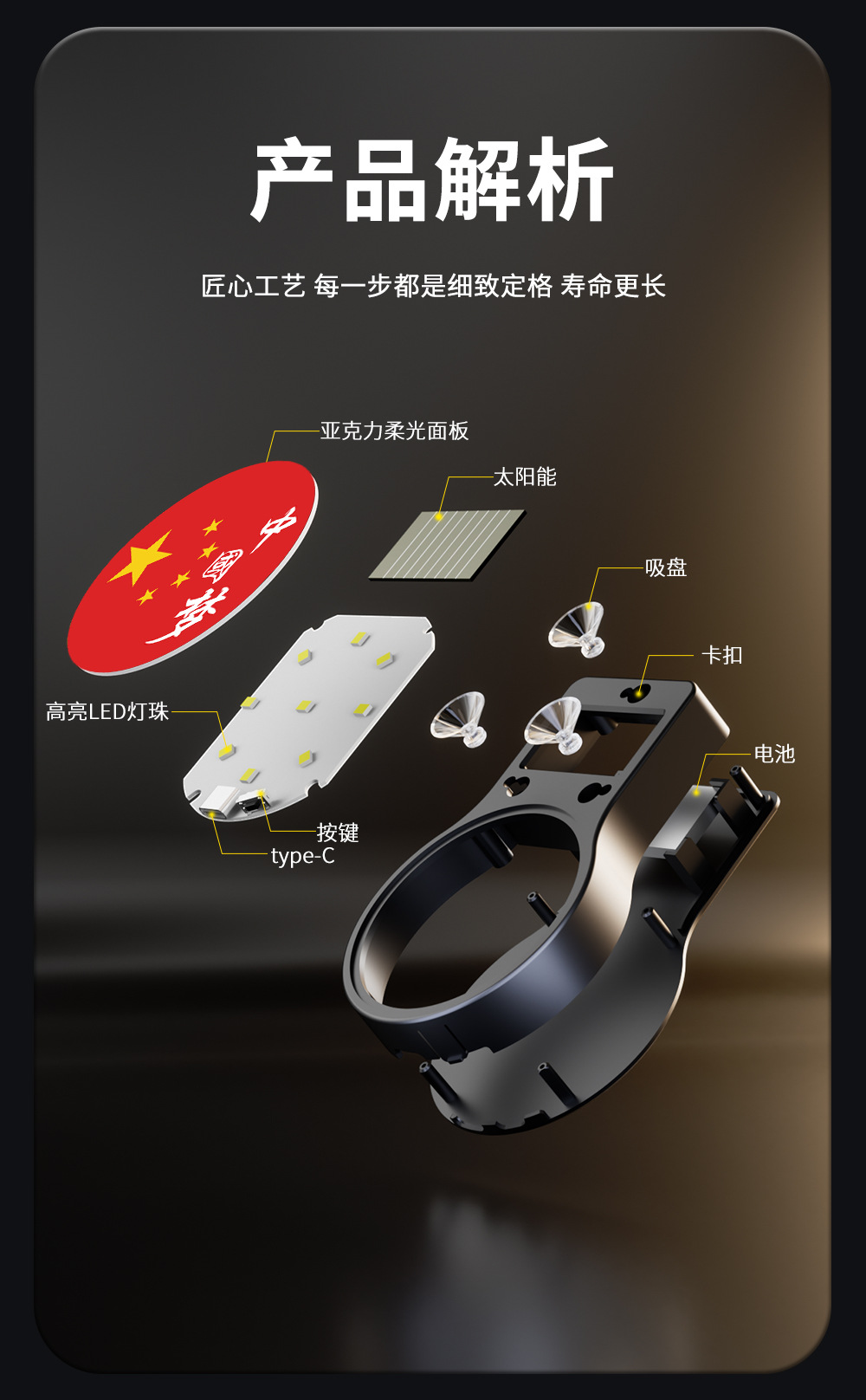 Car Solar Decorative Light LED Warning Light National Day Celebration Chinese Dream Triangle Rear Window Car Sensor Ambient Light