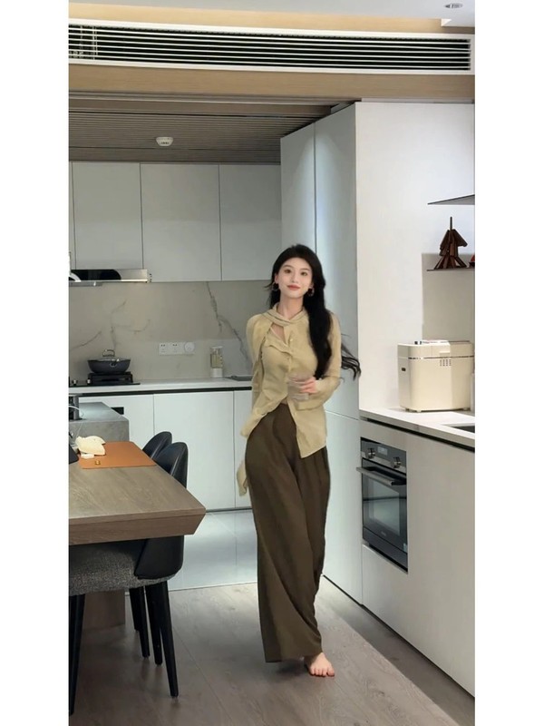 韩系高级感休闲套装女2025秋季新款飘带长袖衬衫阔腿裤两件套女装|undefined