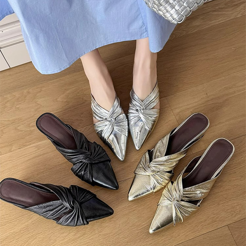 Cowhide Version ~ Genuine Leather Inner Heightening Heap Shoes Women's Summer Pointed Slip-on Mueller Half Slippers Pleated Roman Sandals