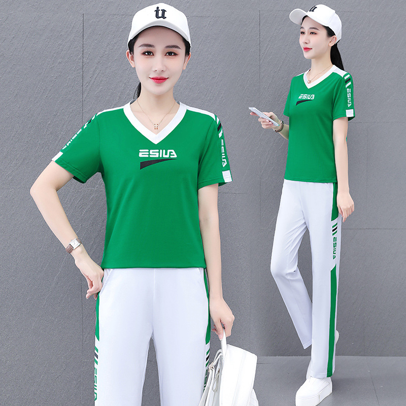 綿95 VネックTシャツカジュアルスポーツスーツレディース半袖夏新作スクエアダンス衣装ダンススタイル2点セット|undefined