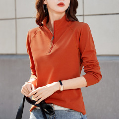 春の新型ファスナーは襟をめくって長袖のtシャツの女性の外でレジャーの運動の底のシャツの上着を着て卸売りします。