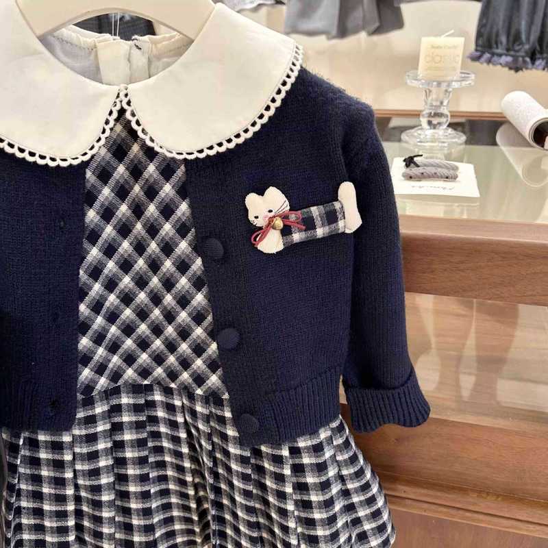 【奶油家】小学妹！女童连衣裙秋装新款洋气宝宝针织开衫裙子|undefined