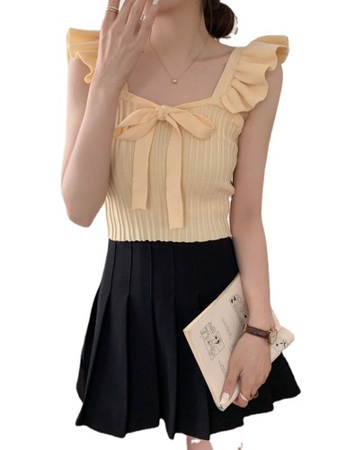Bow-knot ear-edge knitted top  summer new style French slim solid color short camisole women's clothing