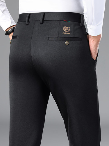 Fall/Winter Fleece-Lined Casual Pants for Men: Straight-Leg Business-Style Stretch Trousers with Tiger Head Embroidery, Korean-Style Four-Way Stretch Long Pants for Young & Middle-Aged Men