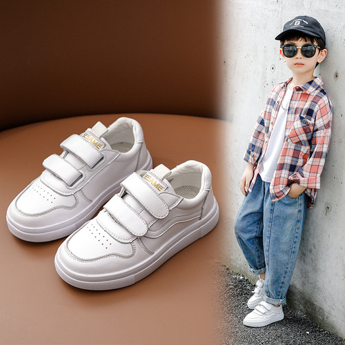 Boys' sneakers spring and autumn new style  white Korean style breathable girls' sneakers soft sole cowhide white shoes wholesale