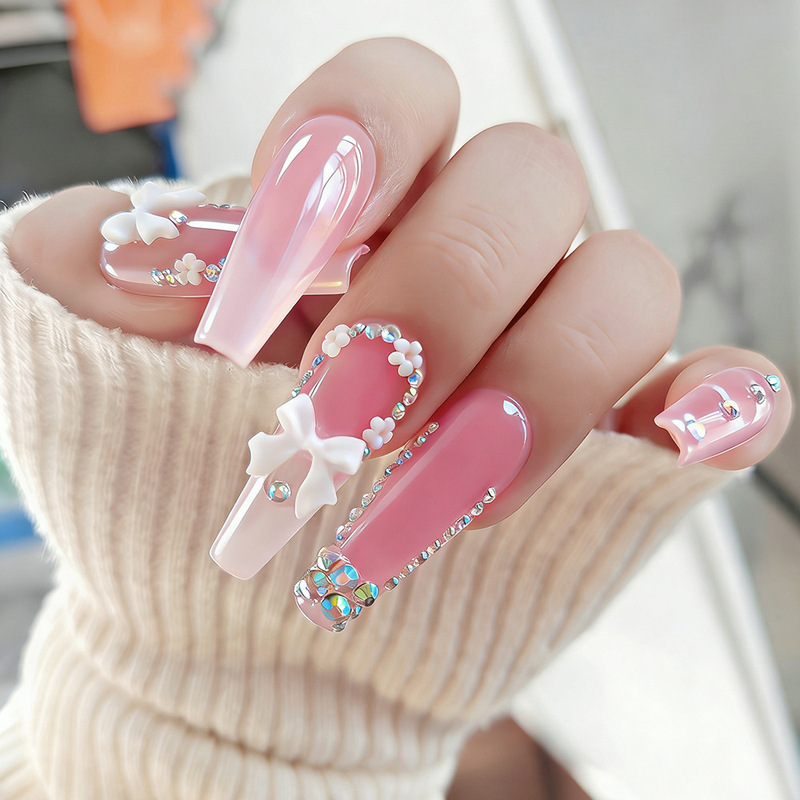 Cross-Border 24-Piece Medium-Length Full Rhinestone French Long Ladder-Shaped Nail Tips, Pure Sweet and Cool Style Ballet Nail Tips, Wearable Nail Stickers Cross-Border 24-Piece Medium-Length Full Rhinestone French Long Ladder-Shaped Nail Tips, Pure Sweet and Cool Style Ballet Nail Tips, Wearable Nail Stickers