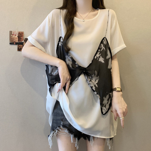 Fake two-piece chiffon short-sleeve T-shirt for women, summer, plus-size, loose-fitting, belly-covering, mid-length, oversized, stylish floral top