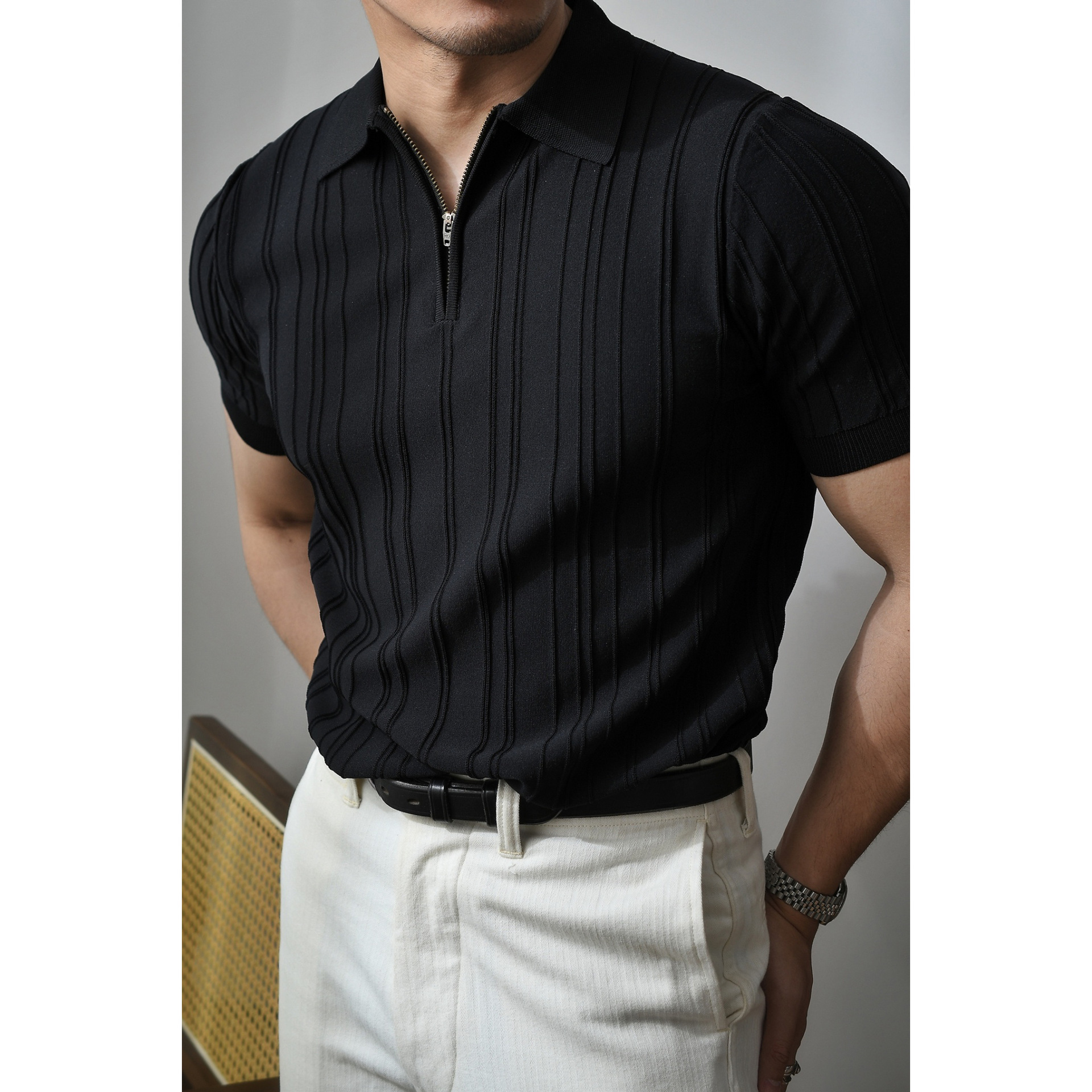 Polo camiseta de punto camiseta de manga corta hombre solapa media cremallera rayas viejas camisetas de hielo de viento de verano fábrica transfronteriza al por mayor