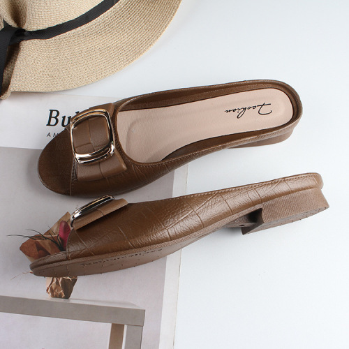 Holly Shark New Ladies Summer Half Slippers Fashion Square Buckle Casual Thick Heel Outdoor Wear Flat Bottom Daily Flip Flops 