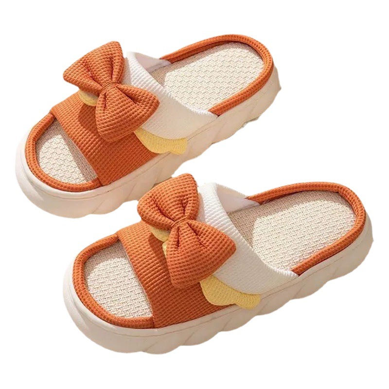Nuevo arco zapatillas de lino antideslizante de las mujeres de interior casa linda pareja de algodón y lino sandalias de fondo grueso verano al por mayor