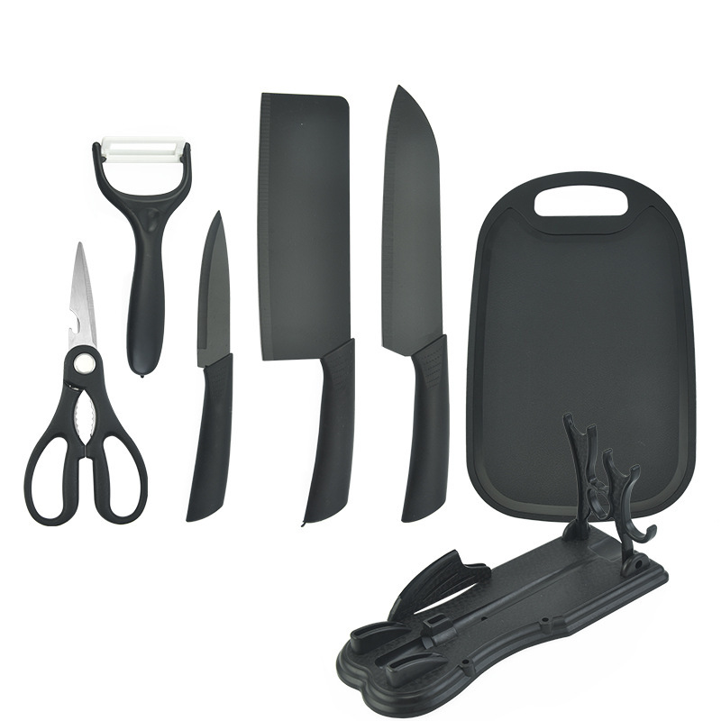Fábrica al por mayor con soporte de cuchillos con tablero de vegetales mango de paja de seis piezas conjunto de herramientas de caja de regalo de color de acero inoxidable