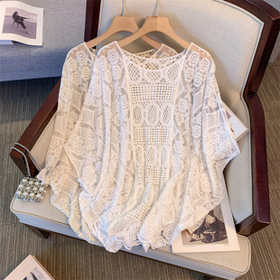 Simple Solid Color Heavy Embroidery Hollow-Out Batwing Sleeve Lace Shirt Spring Loose Outerwear Sun-Protective Casual Top