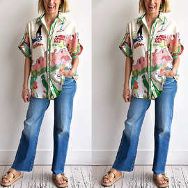 跨境独立站亚马逊INS2024新款欧美个性涂鸦印花亚麻单排多扣衬衫