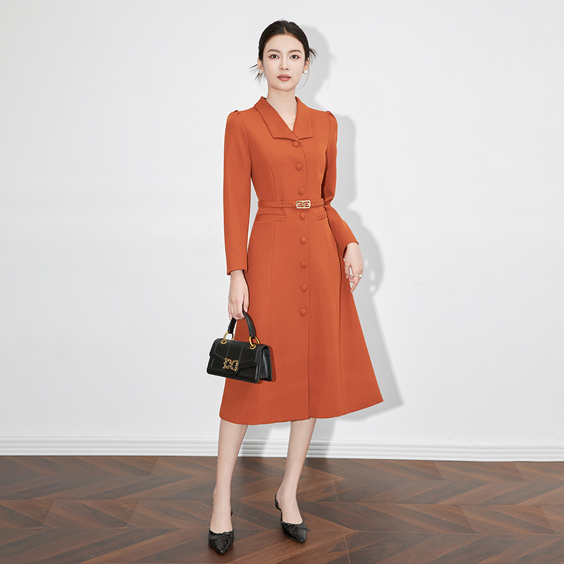 2430801-French commuter luxury dress lapel long sleeve waist formal occasion women's dress south oil