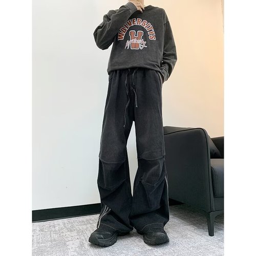 Cross-border three-stripe denim jeans for men—spring and autumn, American-style trendy brand, cool and dashing paratrooper pants, loose-fit straight-leg pleated wide-leg style.
