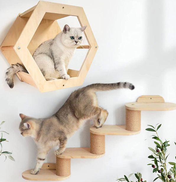 Marco de escalada de madera para gatos en la pared, trampolín para gatos montado en la pared, nido de gatos, cuerda de sisal de madera maciza integrada, lugar de decoración de la sala de estar