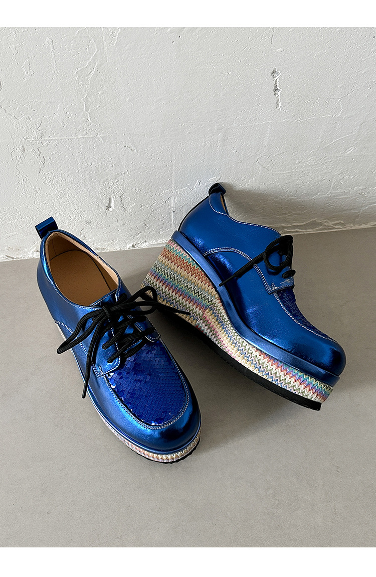 Giày loafer nữ đế xuồng cao gót 9 cm, phối đế cói, dây buộc, phối sequin lấp lánh — màu vàng, xanh lam chi tiết 14
