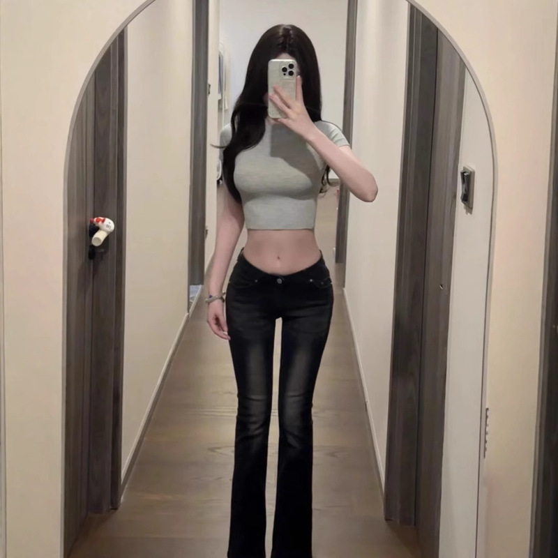 Black gray low waist crotch pants micro horn Denim pants 2025 with crotch pad slim hip version is super good