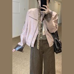 美式复古酷飒风撞色皮衣外套女秋季独特超好看廓形休闲夹克上衣