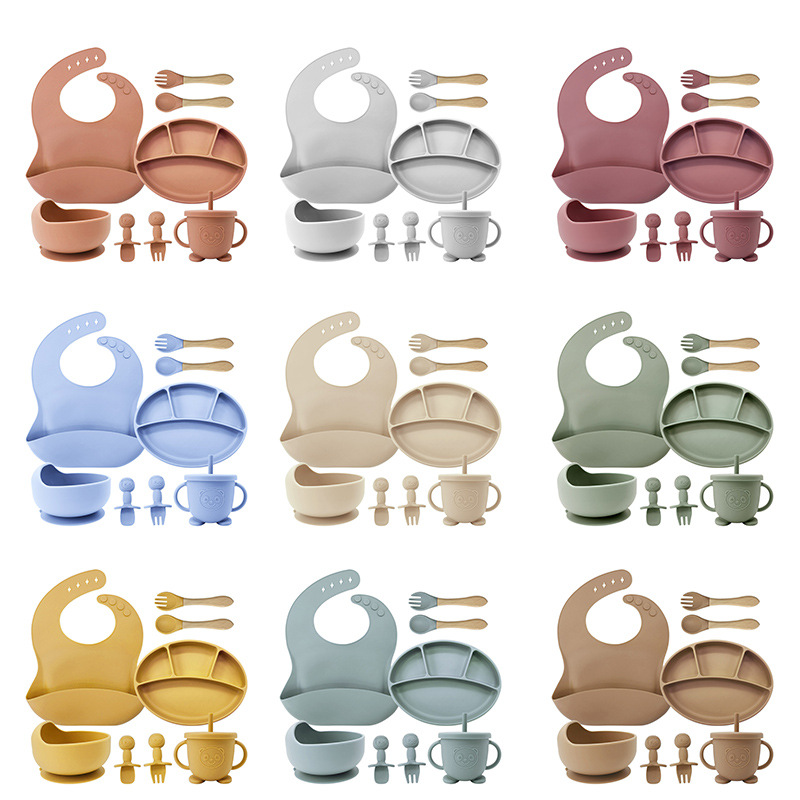 Suplemento alimenticio de vajilla para niños Traje de tazón materno e infantil Necesidades diarias Fábrica plato para niños tazón de silicona cuchara de silicona