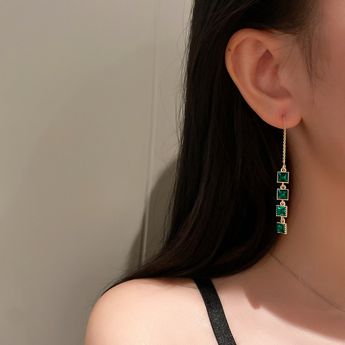 925 silver needle retro style geometric emerald earrings collection fashionable literary style temperament earrings ins style earrings for women