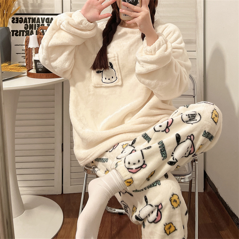 Parchal Dog Cartoon Cute Coral Fleece Pajamas Women's Winter fleece-lined Thickened New Loose Warm Home Clothes suit