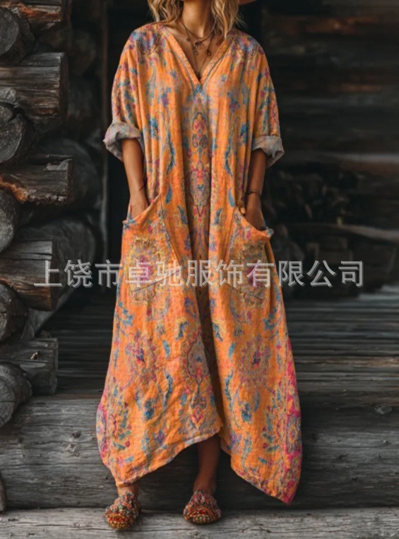 2025新款独立站女式复古花卉艺术图案印花口袋V领口袋连衣裙|undefined