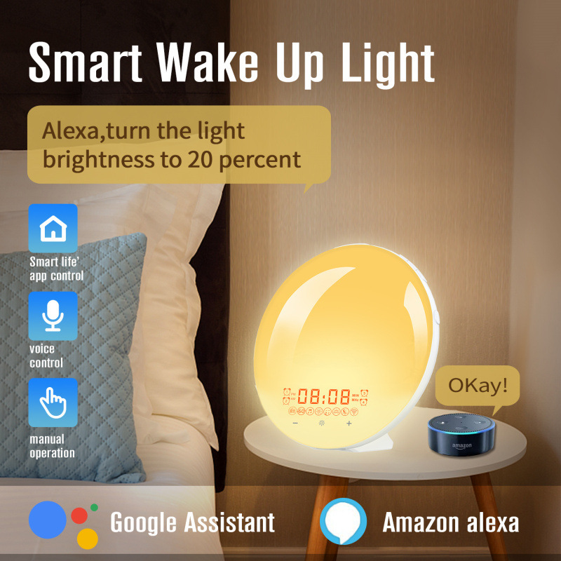 模擬日の出知能覚醒灯wifi音声app制御led七彩ベッドの日没睡眠灯目覚まし時計|undefined