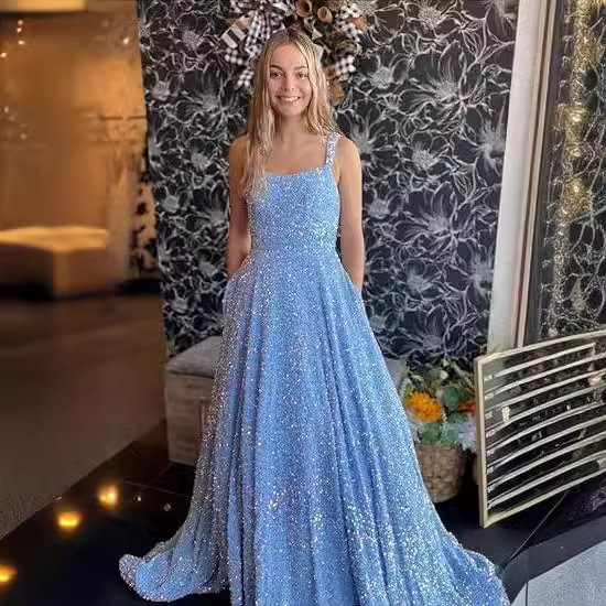 Evening Dress Sparkly Sequin A-Line Prom Dresses Long Spaghetti Straps Party Dresses Open Back Wide Hemline Gowns