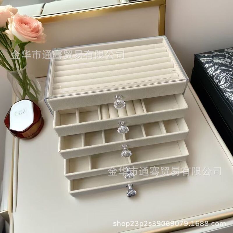 ハイエンドの5層抗酸化引き出しタイプのベルベットジュエリーボックスデスクトップアクリルジュエリー収納マルチグリッド分類と整理|undefined