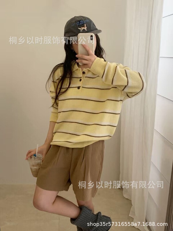 以时 25年秋冬新款羊毛针织毛衣女 Polo领条纹韩系简约羊毛衫女|undefined