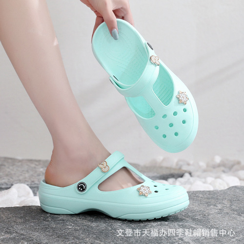 Hole Shoes Women's Summer Thick Sole Garden Shoes Flat Non-Slip Pregnant Outdoor Water-Resistant Cap Toe Casual Beach Shoes