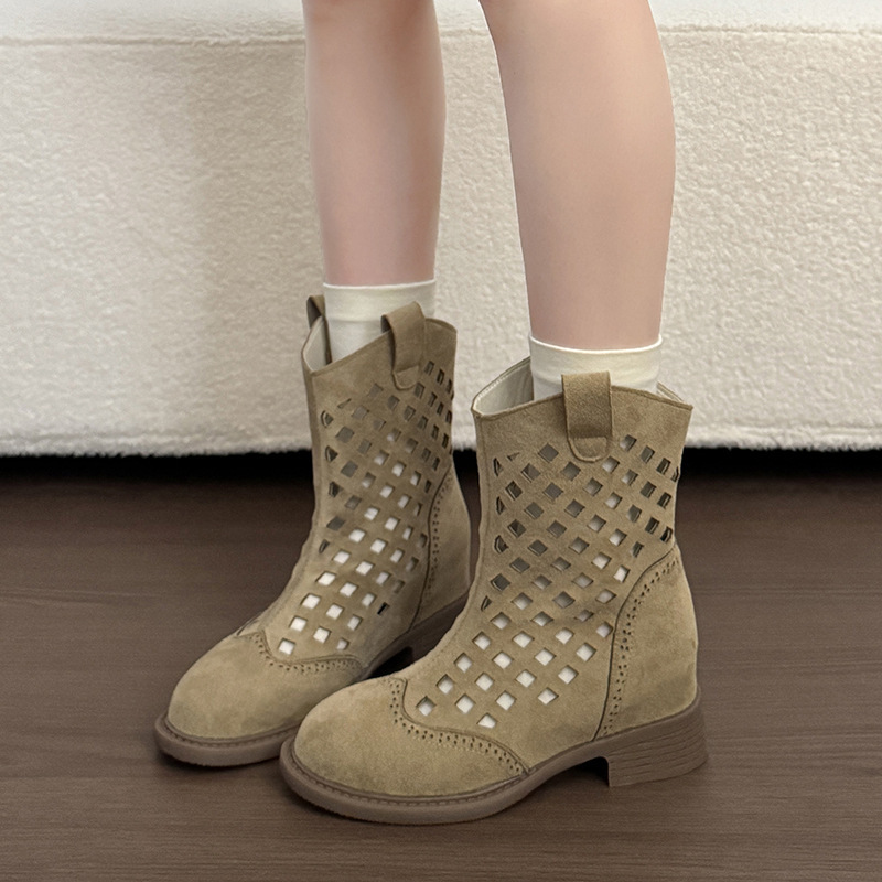 Botas huecas para mujeres primavera y verano de 2026 nuevas botas de talón grueso transpirables de altura delgada botas Martin transpirables