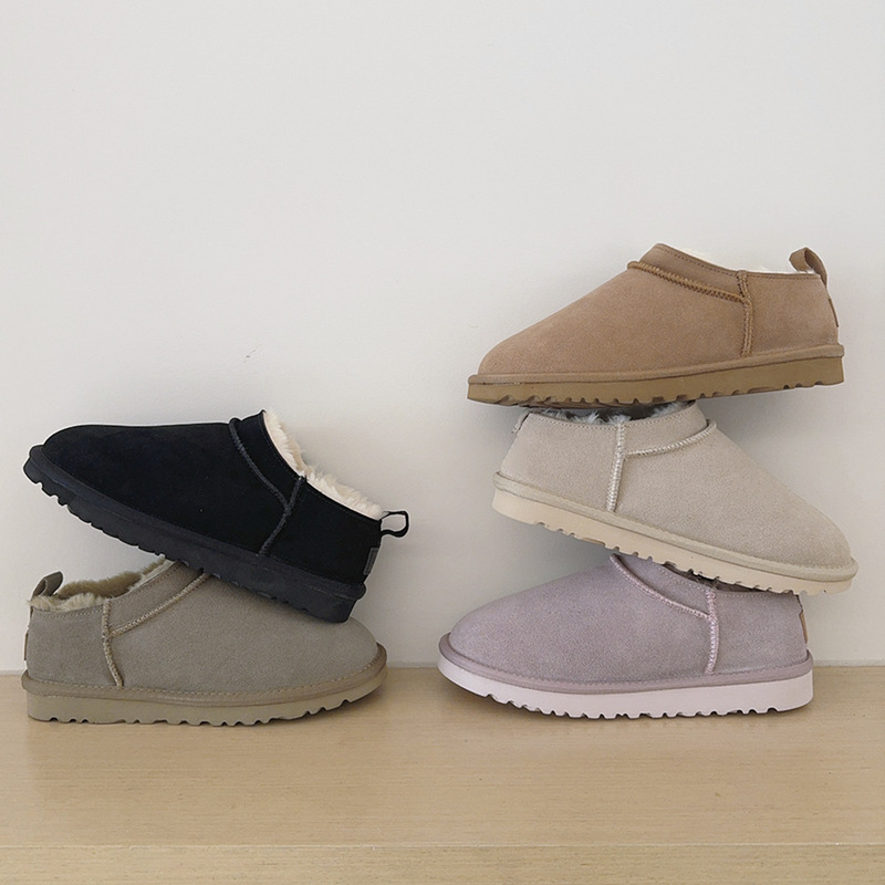 Cross-Border Ultra-Mini Slope-Mouth Short-Tube Snow Boots for Women, Low-Cut Cowhide Fleece-Lined Cotton Shoes, Warm and Non-Slip, Export Large Size