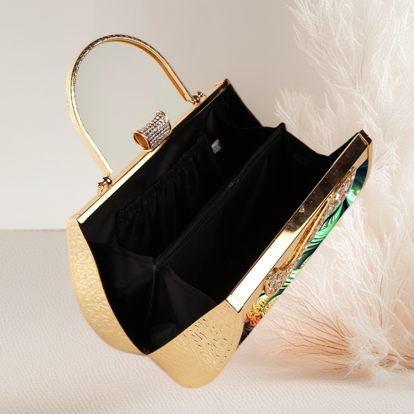 Elegante Abendtasche In Smaragdgrün Mit Blumenmuster Und Gold_voghion.com